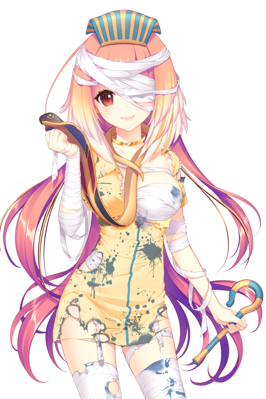 1girl bandages copyright_request costume egyptian_clothes hat highres looking_at_viewer nurse nurse_cap official_art pink_hair pumpkin red_eyes selena_(soccer_spirits) shirahane_nao smile snake soccer_spirits thigh-highs torn_clothes