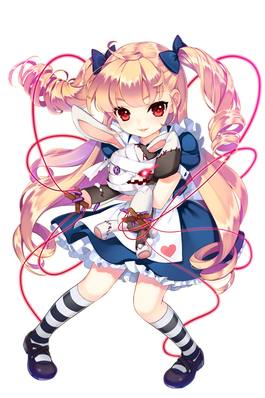 1girl alice_(soccer_spirits) black_footwear blonde_hair blue_bow blue_dress blue_ribbon bow dress drill_hair frilled_skirt frills full_body hair_bow hair_ribbon highres holding holding_stuffed_animal long_hair looking_at_viewer official_art red_eyes ribbon shirahane_nao shoes skirt soccer_spirits socks solo standing striped striped_legwear stuffed_animal stuffed_bunny stuffed_toy transparent_background twin_drills
