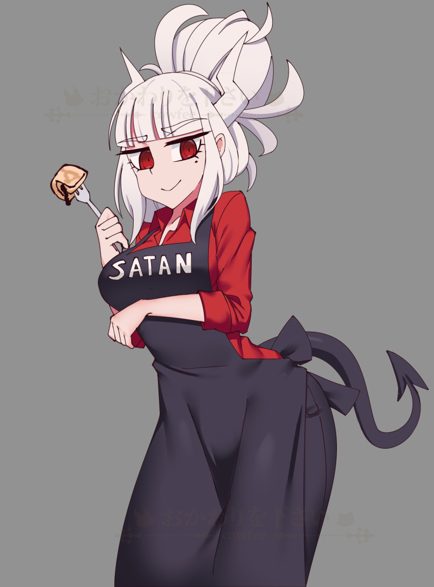 1girl apron arm_under_breasts artist_logo bangs black_apron blunt_bangs clothes_writing commentary cowfee demon_girl demon_tail english_commentary fork grey_background hair_up helltaker highres horns looking_at_viewer lucifer_(helltaker) mole mole_under_eye ponytail red_eyes red_shirt shirt simple_background smile solo tail watermark white_hair white_horns wing_collar