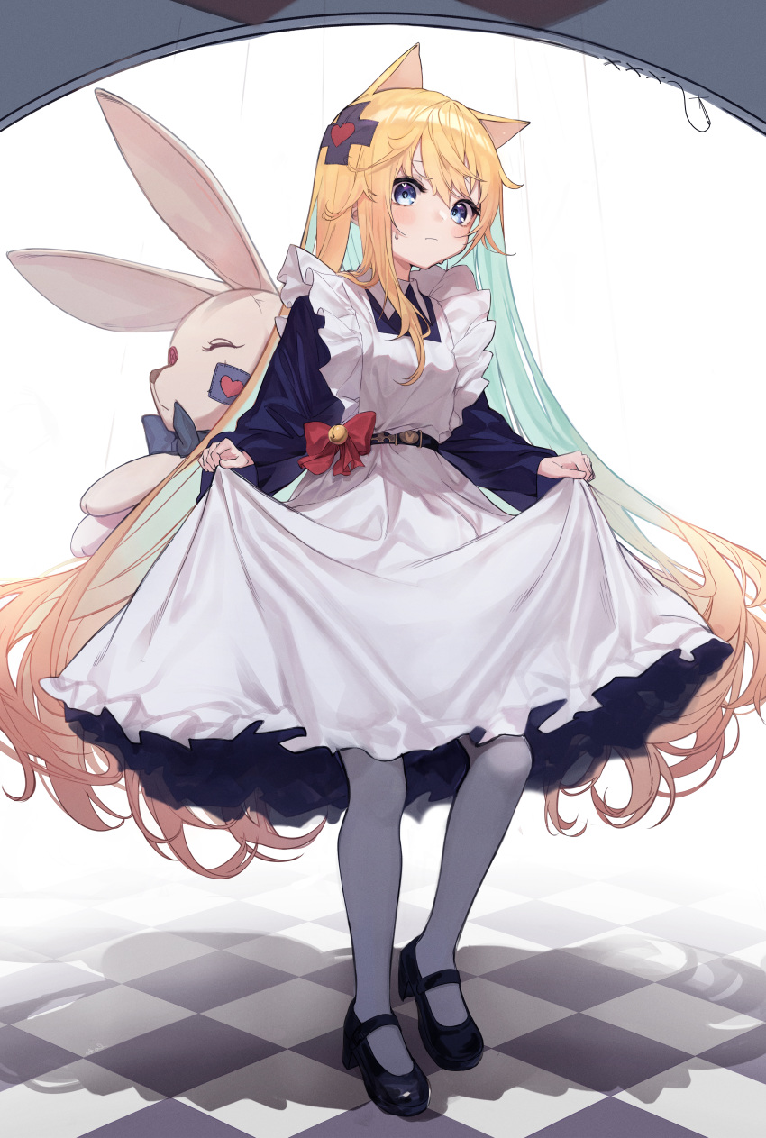 1girl absurdres animal_ears bell black_footwear black_shirt blue_eyes blush bow cat_ears dress dress_lift frown grey_legwear hair_between_eyes hair_ornament highres huge_filesize lo-ta long_hair long_sleeves looking_at_viewer maid maid_dress original pantyhose red_bow shirt shoes solo stuffed_animal stuffed_bunny stuffed_toy symbol_commentary very_long_hair white_dress