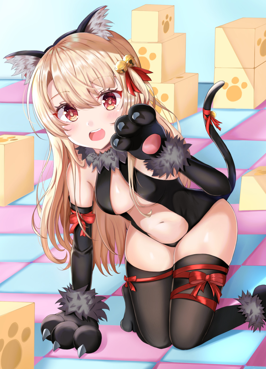 1girl animal_ears bell black_legwear black_sleeves blonde_hair blush breasts carton cat_ears cat_paws cat_tail commentary_request detached_sleeves eyebrows_visible_through_hair fake_animal_ears fate/kaleid_liner_prisma_illya fate_(series) fur_trim gloves hair_bell hair_ornament highres illyasviel_von_einzbern kneeling long_hair looking_at_viewer navel open_mouth paw_gloves paws red_eyes red_ribbon ribbon small_breasts smile solo tail thigh-highs upper_teeth zeroillya
