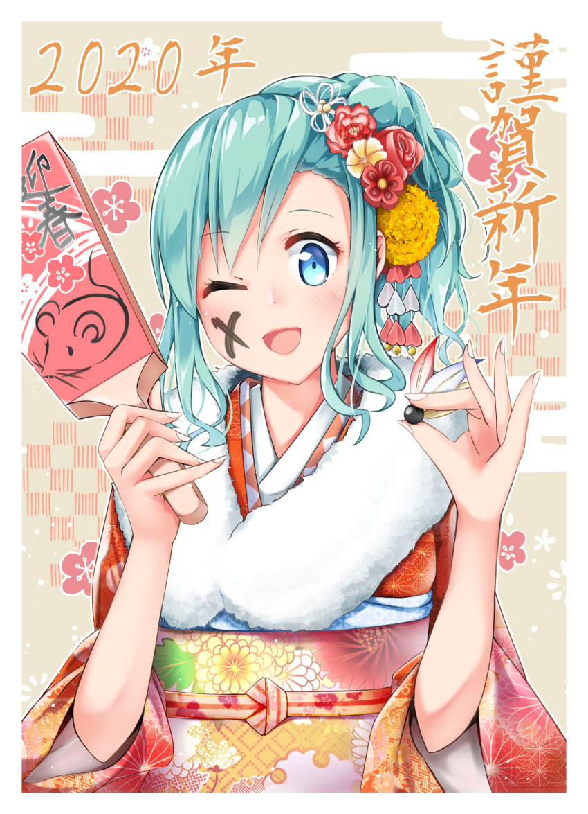 1girl alice_carroll alternate_hairstyle bananatsukis blue_eyes blush braid chinese_zodiac eyebrows_visible_through_hair facepaint floral_print flower forehead fur-trimmed_kimono fur_trim furisode green_hair hagoita hair_flower hair_ornament hane_(hanetsuki) hanetsuki high_braid highres holding japanese_clothes kanzashi kimono long_hair looking_at_viewer new_year obi obiage obijime one_eye_closed open_mouth paddle print_kimono raised_eyebrows sash side_braid sleeves_pushed_up smile solo tied_hair upper_body wide_sleeves year_of_the_rat