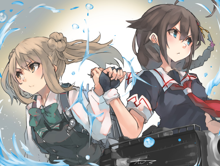 2girls ahoge akicosmossakasa black_gloves black_hair black_serafuku blue_eyes braid brown_eyes double_bun dress fingerless_gloves fist_bump gloves hair_flaps hair_ornament hair_over_shoulder highres kantai_collection light_brown_hair machinery michishio_(kantai_collection) multiple_girls neckerchief pinafore_dress red_neckwear remodel_(kantai_collection) sailor_collar school_uniform serafuku shigure_(kantai_collection) shirt short_twintails single_braid twintails upper_body white_sailor_collar white_shirt