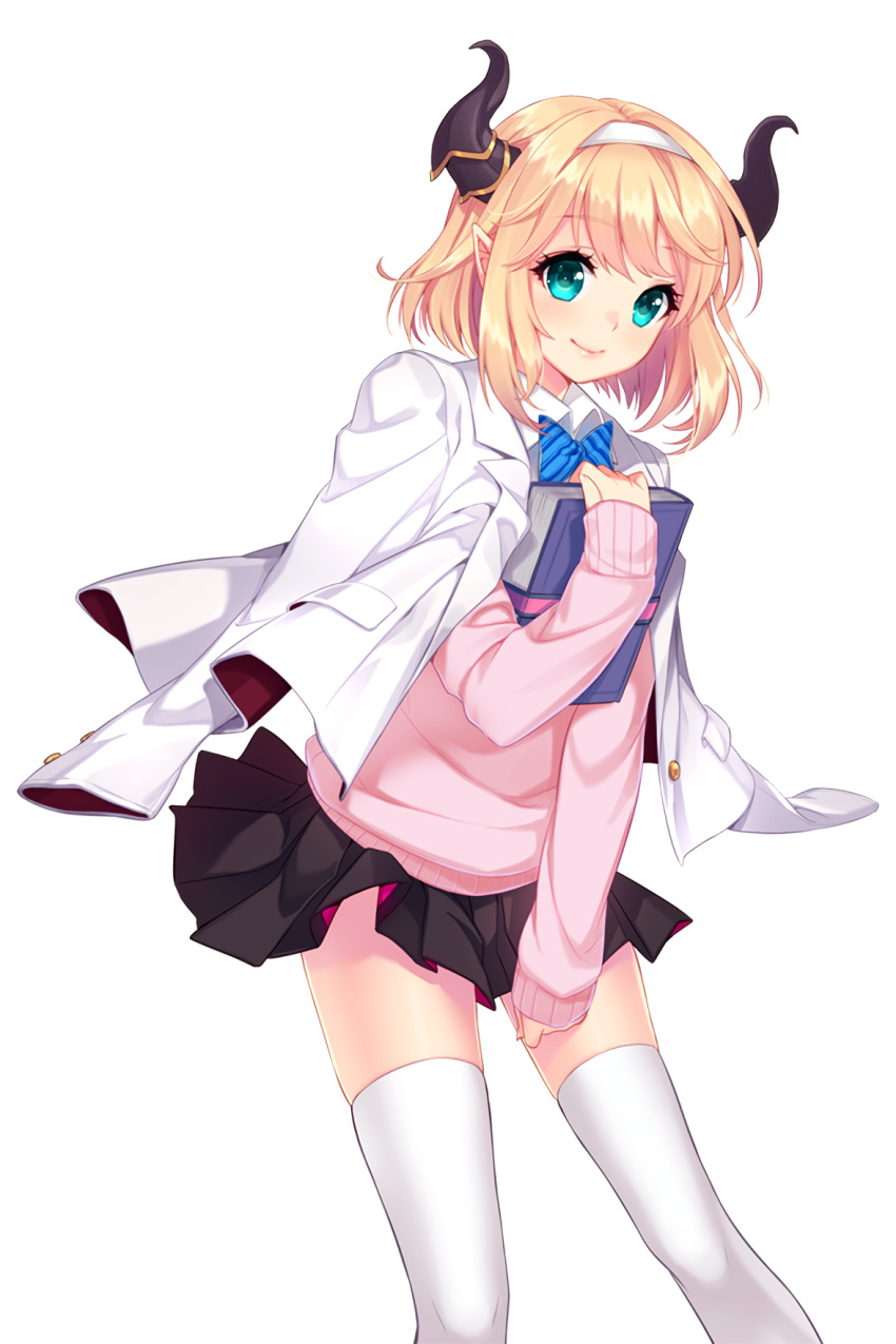 1girl aqua_eyes blonde_hair blue_ribbon book frilled_skirt frills highres holding holding_book horns looking_at_viewer official_art patricia_(soccer_spirits) pointy_ears ribbon school_uniform shirahane_nao short_hair skirt soccer_spirits striped striped_ribbon sweater thigh-highs white_legwear