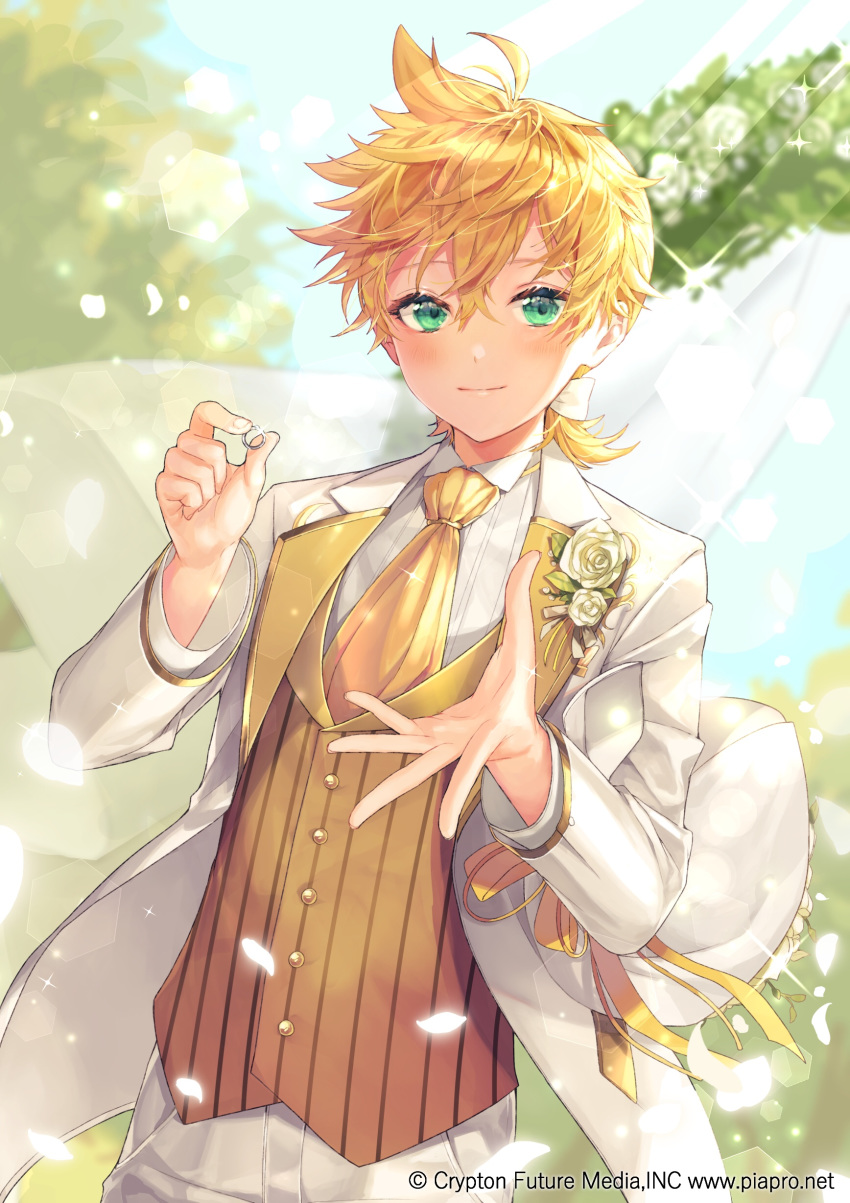 1boy absurdres blonde_hair blurry blurry_background blush bokeh boutonniere bow company_name cravat curtains day depth_of_field dutch_angle floral_arch flower green_eyes groom hair_bow hatsune_miku_graphy_collection highres holding holding_ring jacket jewelry jewelry_removed kagamine_len long_sleeves looking_at_viewer low_ponytail male_focus necktie official_art open_clothes open_jacket outstretched_hand pants petals ponytail reaching_out ribbon ring shinotarou_(nagunaguex) shirt smile solo sparkle tuxedo upper_body vest vocaloid watermark web_address wedding_ring white_bow white_flower white_jacket white_pants white_shirt wind wing_collar yellow_neckwear yellow_ribbon yellow_vest