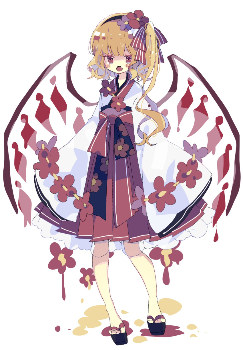 1girl :o alternate_costume bangs blonde_hair blunt_bangs blush commentary_request crystal dress fangs flandre_scarlet floral_print flower frilled_dress frilled_kimono frills full_body geta hair_flower hair_ornament hair_ribbon hairband highres japanese_clothes jitome kimono long_hair looking_at_viewer nikorashi-ka red_kimono red_ribbon ribbon sandals side_ponytail simple_background skin_fangs sleeves_past_fingers sleeves_past_wrists solo striped striped_ribbon touhou white_background white_kimono white_ribbon wide_sleeves wings