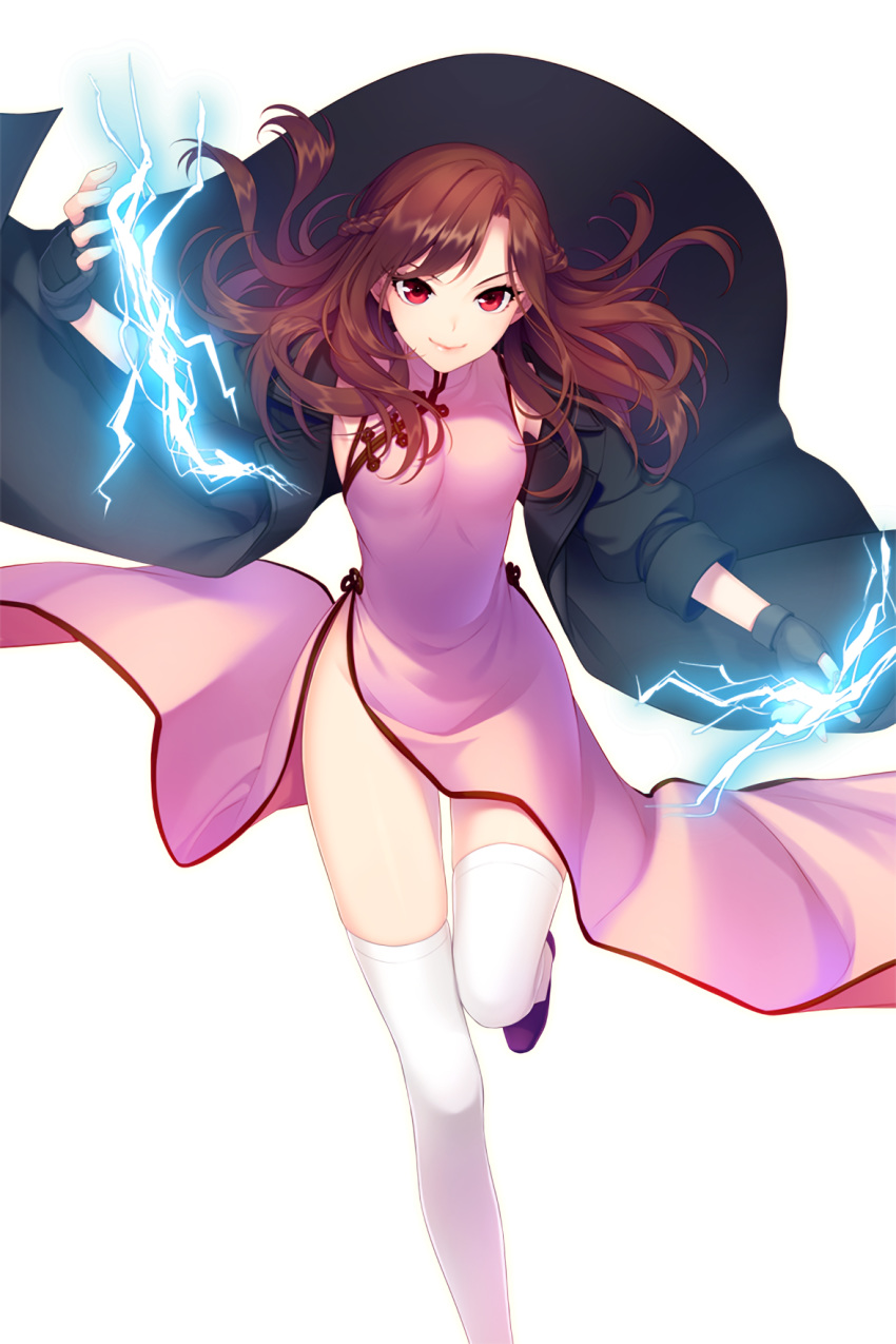 1girl black_gloves braid brown_hair chinese_clothes electricity error fingerless_gloves gloves highres leg_up looking_at_viewer no_panties official_art red_eyes shirahane_nao sky_(soccer_spirits) smile soccer_spirits solo standing standing_on_one_leg thigh-highs transparent_background white_legwear