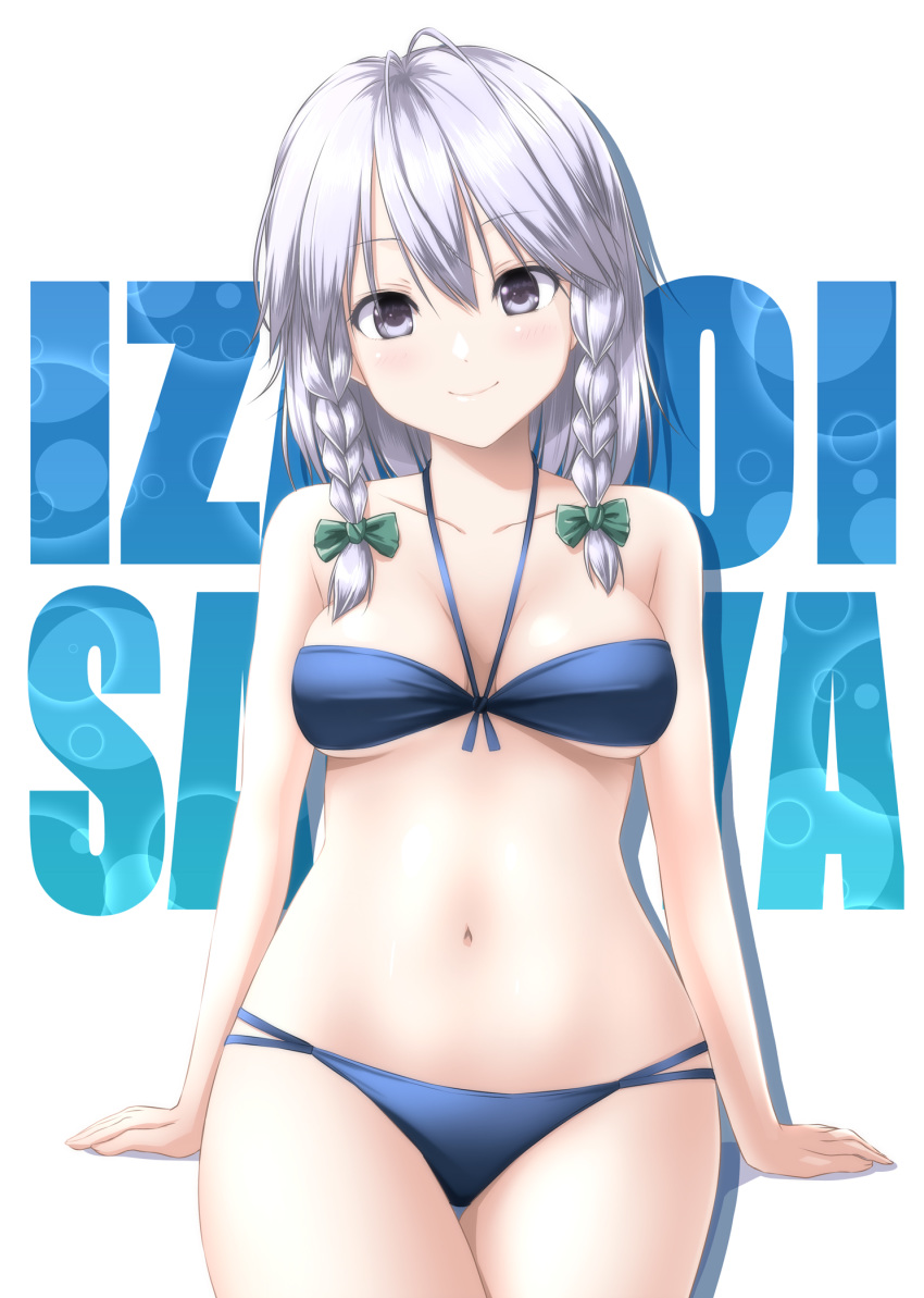 1girl bandeau bangs bare_arms bare_shoulders bikini blue_bikini blush bow braid breasts character_name collarbone commentary_request cowboy_shot eyebrows_visible_through_hair green_bow grey_eyes hair_between_eyes hair_bow halterneck highres izayoi_sakuya looking_at_viewer medium_breasts navel nori_tamago partial_commentary short_hair silver_hair smile solo stomach swimsuit thighs touhou twin_braids white_background