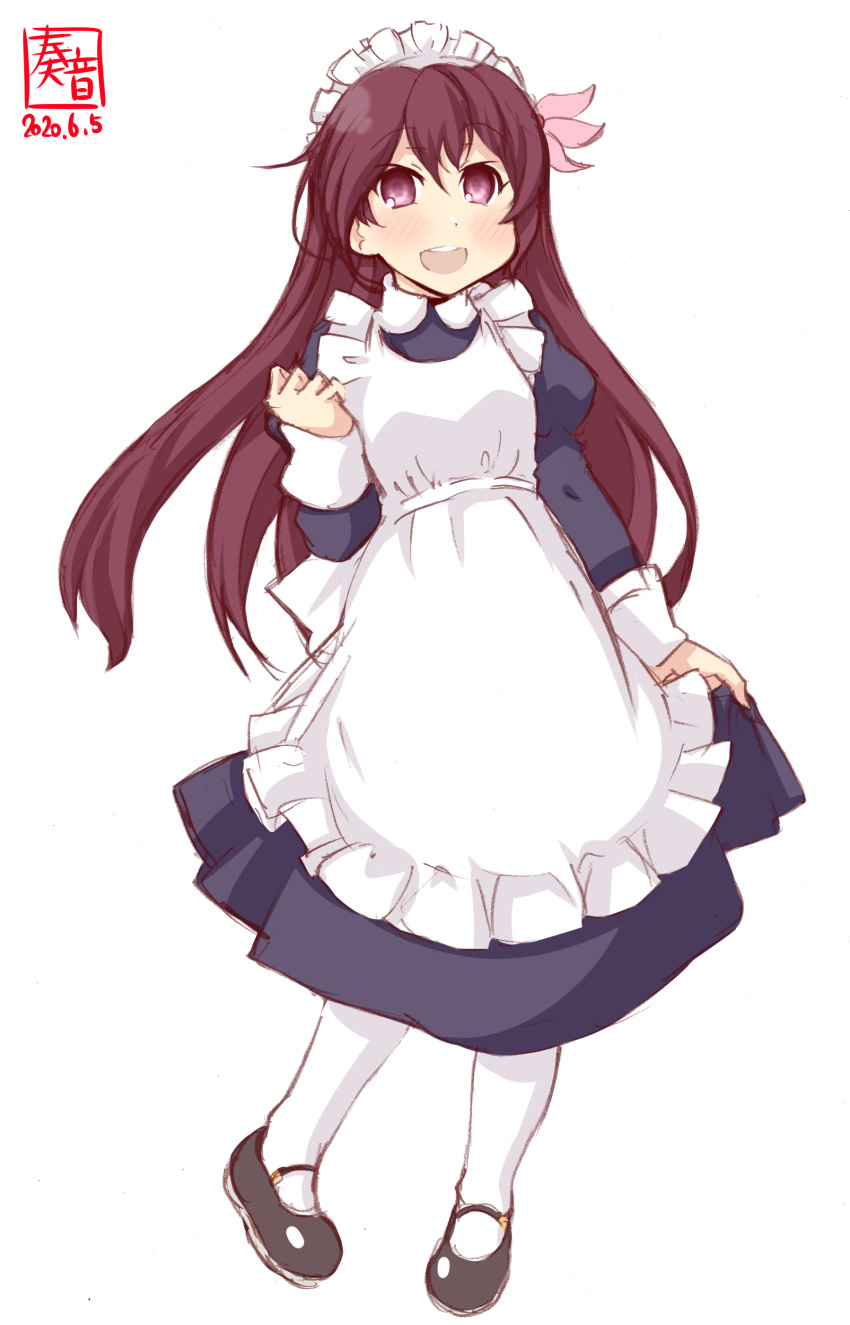 1girl absurdres alternate_costume apron artist_logo black_footwear blue_dress brown_eyes brown_hair commentary_request dated dress enmaided frilled_apron frilled_dress frills full_body hair_ornament highres kanon_(kurogane_knights) kantai_collection kisaragi_(kantai_collection) long_hair maid maid_headdress mary_janes open_mouth round_teeth shoes simple_background solo standing teeth upper_teeth white_apron white_background white_legwear