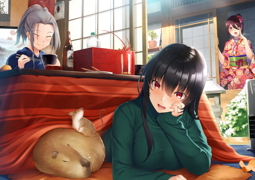 3girls :d :t ahoge bangs black_hair blue_kimono blush bottle bowl brown_hair calendar_(object) capybara chopsticks closed_eyes closed_mouth commentary crab cup cupping_hand day eating eyebrows_visible_through_hair floral_print food food_on_face green_sweater hair_between_eyes hand_on_own_cheek hand_to_own_mouth highres holding holding_bowl holding_chopsticks indoors japanese_clothes kimono koikeya kotatsu long_hair long_sleeves lying medium_hair mouse multiple_girls new_year obentou obi on_stomach open_door open_mouth orange_peel original parted_bangs plant ponytail potted_plant red_eyes sash silver_hair sleeping sleeves_past_wrists sliding_doors smile sunlight sweater table turtleneck under_kotatsu under_table yellow_eyes