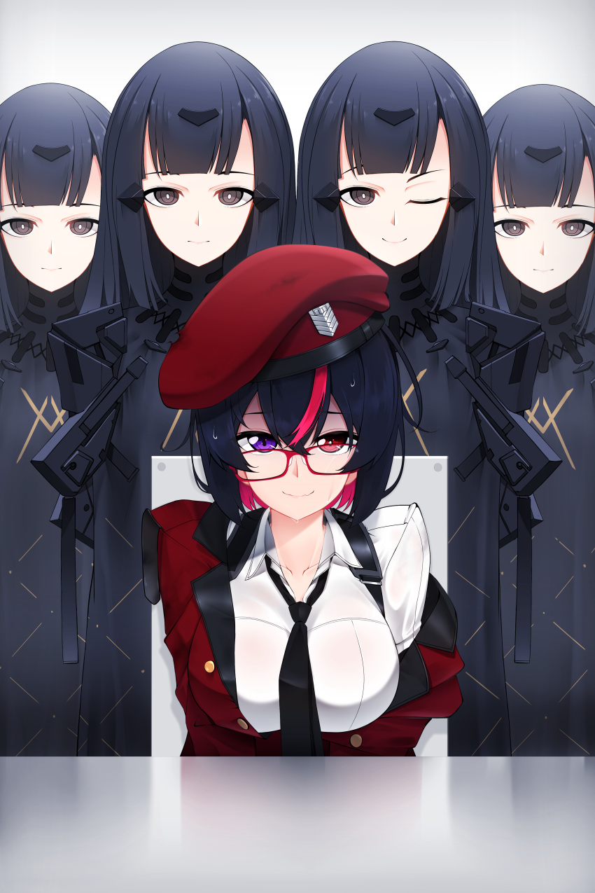 5girls absurdres beret black_hair breasts character_request expressionless female_commander_(girls_frontline) girls_frontline glasses grifon_&amp;_kryuger hat heterochromia highlights highres multicolored_hair multiple_girls nyto_obelisk_(girls_frontline) one_eye_closed paradeus red_eyes redhead smile suspenders two-tone_hair violet_eyes z.taiga