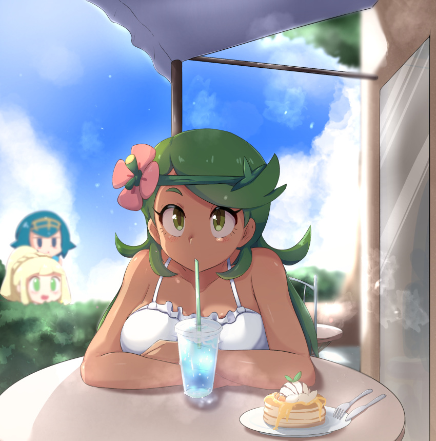 3girls blonde_hair blue_eyes blue_hair blush breasts clouds commentary_request cup day drinking drinking_straw flower food fork green_eyes green_hair hair_flower hair_ornament highres knife lillie_(pokemon) long_hair looking_at_another looking_at_viewer mallow_(pokemon) multiple_girls pancake peeping pokemon pokemon_(game) pokemon_sm robert_m shade sky suiren_(pokemon) watching