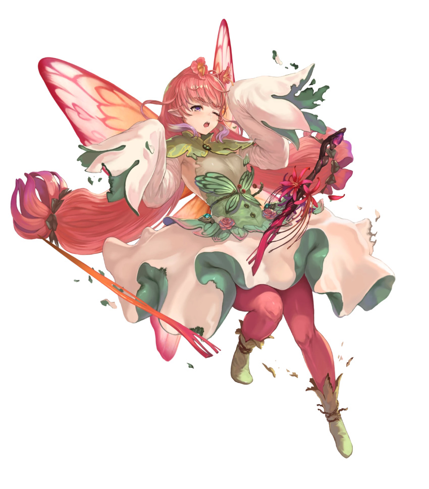 1girl bangs detached_sleeves dress fairy_wings fire_emblem fire_emblem_heroes full_body gradient gradient_hair highres long_hair long_sleeves mirabilis_(fire_emblem) multicolored_hair official_art pantyhose pink_hair pointy_ears sleeves_past_wrists solo transparent_background wings yoshiku_(oden-usagi)