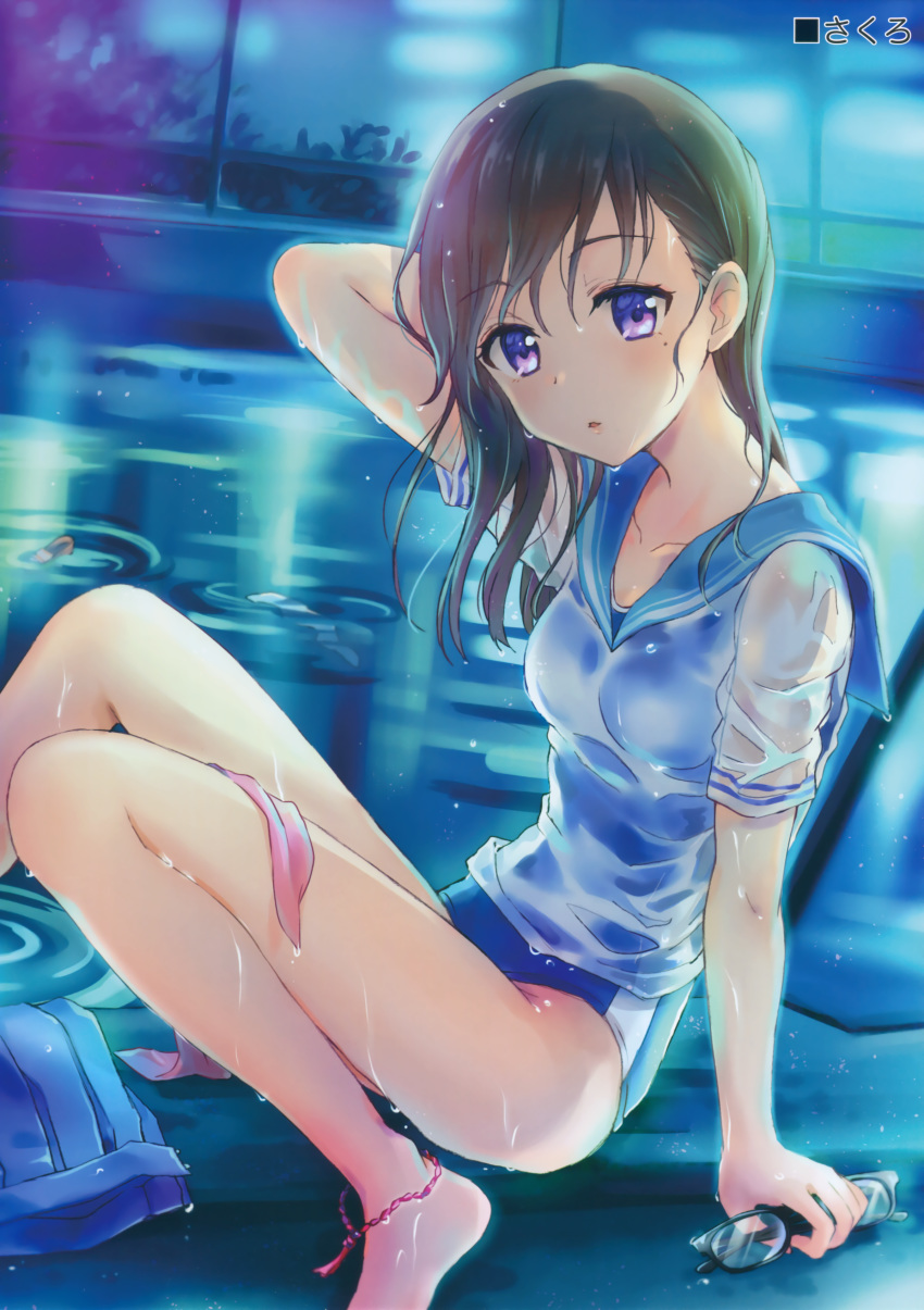1girl absurdres black_hair glasses highres long_hair looking_at_viewer original pool sakuro school_swimsuit shirt skirt skirt_removed solo swimsuit swimsuit_under_clothes violet_eyes water wet wet_clothes wet_hair wet_shirt white_shirt