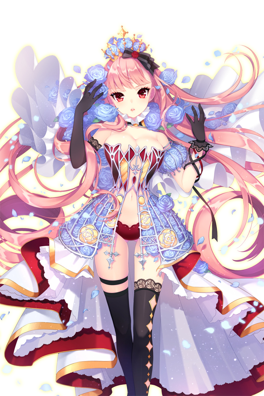 1girl bare_shoulders black_gloves black_ribbon blue_flower blue_rose breasts collarbone crown dress floral_print flower gloves hair_ribbon highres large_breasts long_hair looking_at_viewer official_art open_mouth panties petals pink_hair red_eyes red_panties ribbon rose rose_print serestia_(soccer_spirits) shirahane_nao soccer_spirits striped striped_ribbon thigh-highs underwear
