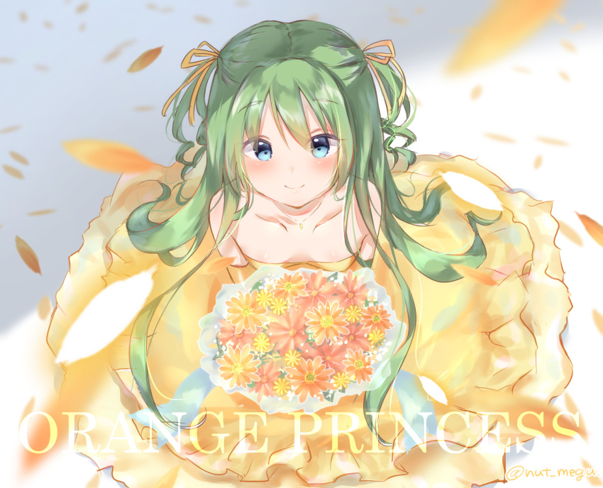 1girl alice_carroll aria bangs bare_shoulders blue_eyes blush bouquet breasts collarbone dress elbow_gloves eyebrows_visible_through_hair flower from_above gloves green_hair hair_ribbon holding holding_bouquet jewelry layered_dress light_smile long_hair looking_at_viewer nut_megu parted_hair pendant raised_eyebrows ribbon short_twintails small_breasts solo strapless strapless_dress tied_hair twintails twitter_username two_side_up yellow_dress yellow_ribbon
