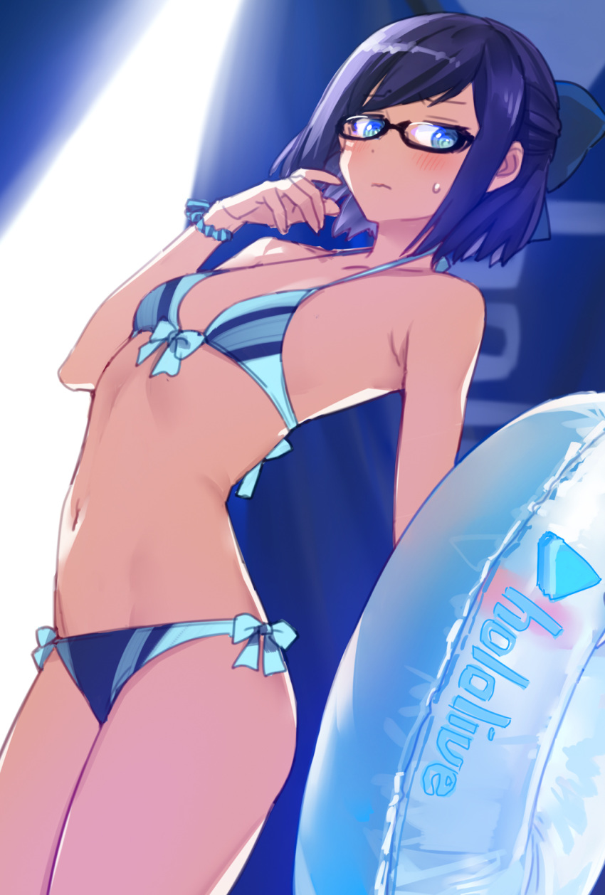 1girl bangs bikini black-framed_eyewear blue_bikini blue_bow blue_eyes blue_hair blush bow breasts closed_mouth collarbone glasses goshiki_suzu highres holding holding_innertube hololive innertube long_hair looking_at_viewer midriff navel scrunchie short_hair small_breasts solo sweatdrop swimsuit tent virtual_youtuber wavy_mouth wrist_scrunchie yuujin_a_(hololive)