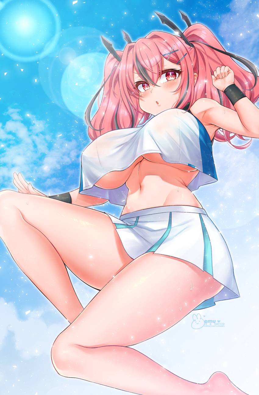 1girl :o azur_lane bangs bare_shoulders barefoot blue_sky blush breasts bremerton_(azur_lane) bremerton_(scorching-hot_training)_(azur_lane) clenched_hand clouds commentary_request covered_nipples cowboy_shot crop_top crop_top_overhang day emu_(confisery) eyebrows_visible_through_hair green_skirt grey_hair groin hair_between_eyes hair_intakes hair_ornament hairclip highres jumping large_breasts lens_flare long_hair looking_at_viewer midriff mole mole_under_eye multicolored_hair navel open_hand pink_eyes pink_hair see-through shadow shirt sidelocks signature skirt sky sleeveless sleeveless_shirt solo sportswear streaked_hair tennis_uniform twintails two-tone_hair two-tone_shirt two-tone_skirt under_boob white_shirt white_skirt wristband x_hair_ornament