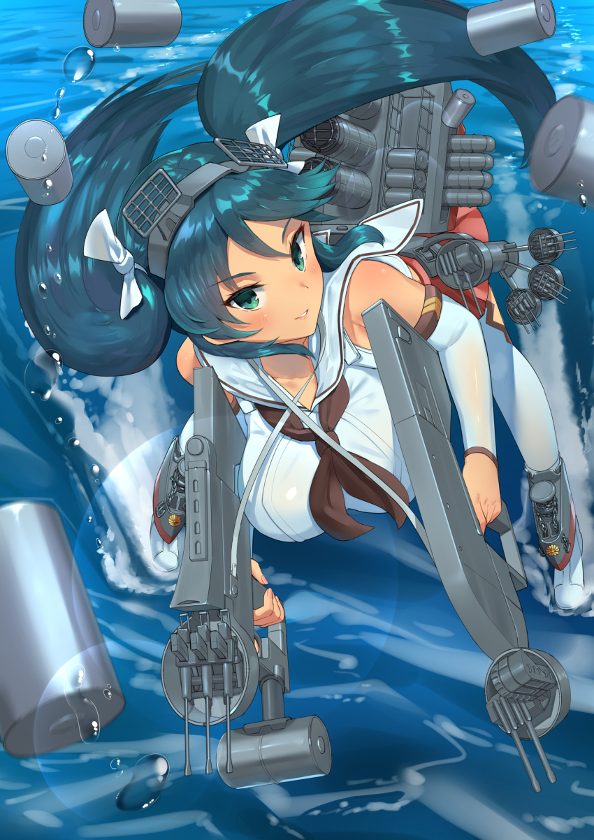 1girl blue_hair breasts brown_neckwear depth_charge detached_sleeves full_body green_eyes hair_ribbon hairband highres isuzu_(kantai_collection) kantai_collection large_breasts long_hair looking_at_viewer machinery neckerchief pleated_skirt red_skirt remodel_(kantai_collection) ribbon sailor_collar school_uniform serafuku skirt solo soushou_nin twintails water white_sailor_collar