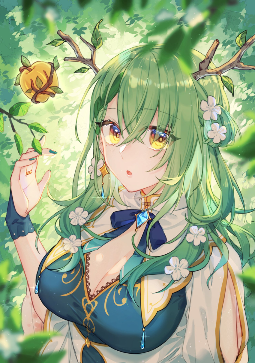 1girl antlers apple bangs blue_nails branch breasts bridal_gauntlets ceres_fauna dress eyebrows_visible_through_hair eyes_visible_through_hair flower food fruit green_hair hair_between_eyes hair_flower hair_ornament hand_up highres hololive hololive_english large_breasts leaf long_hair looking_at_viewer mole mole_under_eye nail_polish nature one_side_up panties solo tsukonin_p underwear upper_body virtual_youtuber white_dress white_flower yellow_eyes