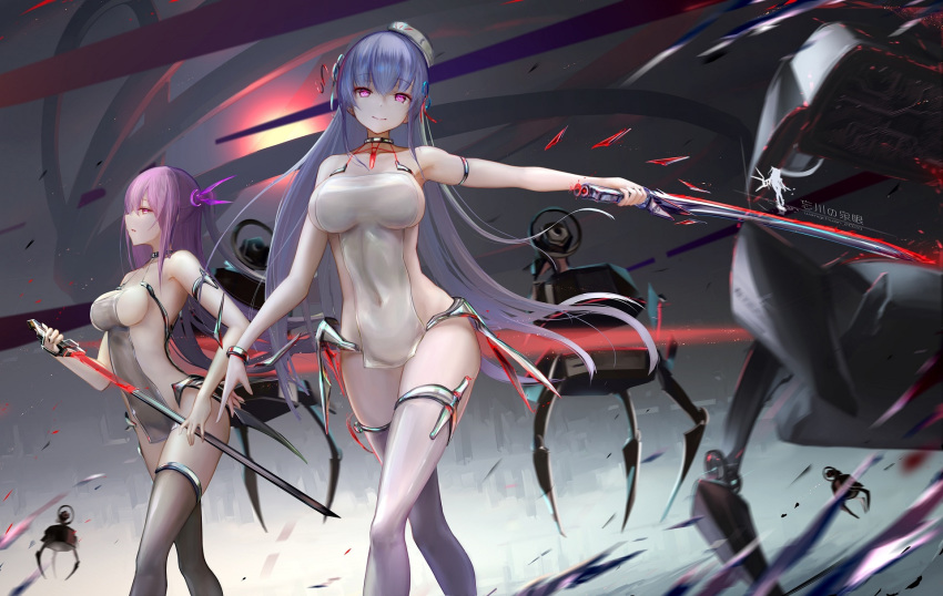 2girls armlet bangs bracelet breasts choker covered_navel dutch_angle eyebrows_visible_through_hair headgear highres holding holding_sword holding_weapon jewelry katana long_hair looking_at_viewer medium_breasts multiple_girls one_side_up original pink_hair purple_hair revealing_clothes robot sideboob smile sword thigh-highs violet_eyes wangchuan_de_quanyan weapon white_legwear
