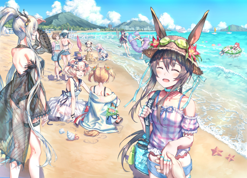 1boy 6+girls :d ^_^ amiya_(arknights) animal_ears ansel_(arknights) arknights backless_outfit backless_swimsuit bag bangs bare_arms bare_legs bare_shoulders beach beach_umbrella bear_ears black_swimsuit blonde_hair blue_hair blue_ribbon blue_shorts blue_sky blush boat bra_strap breasts brown_hair ch'en_(arknights) closed_eyes clouds commentary_request cowboy_shot crab day dragon_horns dragon_tail dress ears_through_headwear feet_out_of_frame flower from_behind goggles goggles_on_headwear gummy_(arknights) hair_between_eyes hand_on_hip hat hat_flower hermit_crab highres holding_hands holding_own_tail horns ifrit_(arknights) innertube jacket jewelry large_breasts large_tail long_hair long_ponytail mini_hat multiple_girls ocean off-shoulder_shirt off_shoulder one-piece_swimsuit open_mouth otoko_no_ko outdoors pink_hair pink_shirt pointy_ears ponytail pov provence_(arknights) puffy_short_sleeves puffy_sleeves purple_hair rabbit_ears red_flower redhead ribbon ring sand_castle sand_sculpture shining_(arknights) shirt short_shorts short_sleeves shorts silver_hair sitting sky skyfire_(arknights) sleeveless sleeveless_dress smile sora_(arknights) standing starfish sun_hat swimsuit tail thigh_strap thighs twintails umbrella very_long_hair vigna_(arknights) water watercraft white_dress white_jacket wolf_ears wolf_tail yuuki_higumo