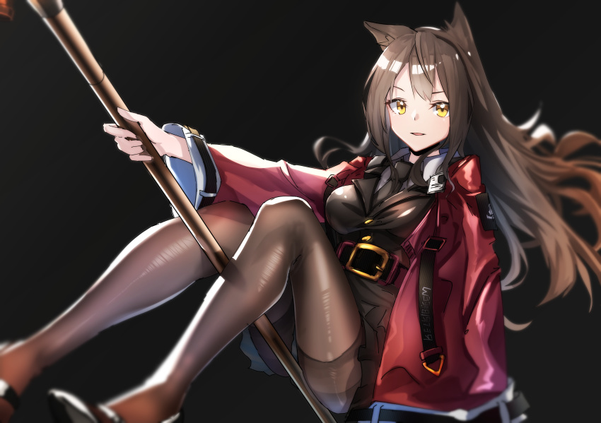 1girl animal_ears arknights bangs black_background black_dress black_footwear breasts brown_hair brown_legwear cat_ears commentary dress highres holding holding_staff jacket knees_up long_hair long_sleeves looking_at_viewer medium_breasts open_clothes open_jacket pantyhose parted_lips red_jacket shoes simple_background sitting skyfire_(arknights) smile solo staff thighs wide_sleeves yellow_eyes you'a
