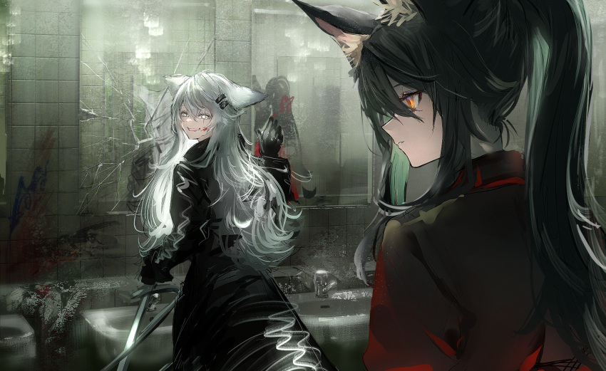 2girls animal_ear_fluff animal_ears arknights bangs black_coat black_gloves black_hair blood blood_on_face broken_mirror coat faucet glass_writing gloves hair_between_eyes hair_ornament hairclip heart highres holding holding_sword holding_weapon indoors lappland_(arknights) long_hair looking_at_another looking_back mirror multiple_girls nanaponi official_alternate_costume orange_eyes ponytail red_shirt reflection scar scar_across_eye shirt sidelocks silver_hair sink sword texas_(arknights) texas_(willpower)_(arknights) tile_wall tiles very_long_hair weapon wolf_ears yuri