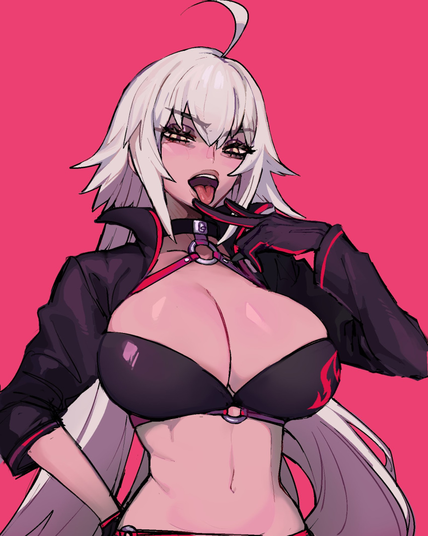 1girl ahoge bikini black_bikini black_gloves black_jacket breasts ennuigrl fate/grand_order fate_(series) gloves highres jacket jeanne_d'arc_(alter)_(fate) jeanne_d'arc_(alter_swimsuit_berserker) jeanne_d'arc_(fate)_(all) large_breasts long_hair o-ring o-ring_bikini silver_hair swimsuit tied_hair tongue tongue_out v