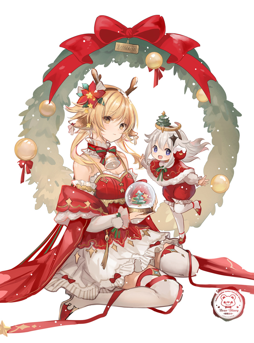 2girls antlers bare_shoulders bell blonde_hair blue_eyes blush choker christmas_ornaments christmas_tree closed_mouth dress earmuffs flower genshin_impact hair_flower hair_ornament highres issign looking_at_viewer lumine_(genshin_impact) multiple_girls neck_bell open_mouth paimon_(genshin_impact) red_ribbon ribbon seiza short_hair simple_background sitting snow_globe white_background white_dress white_hair wreath yellow_eyes