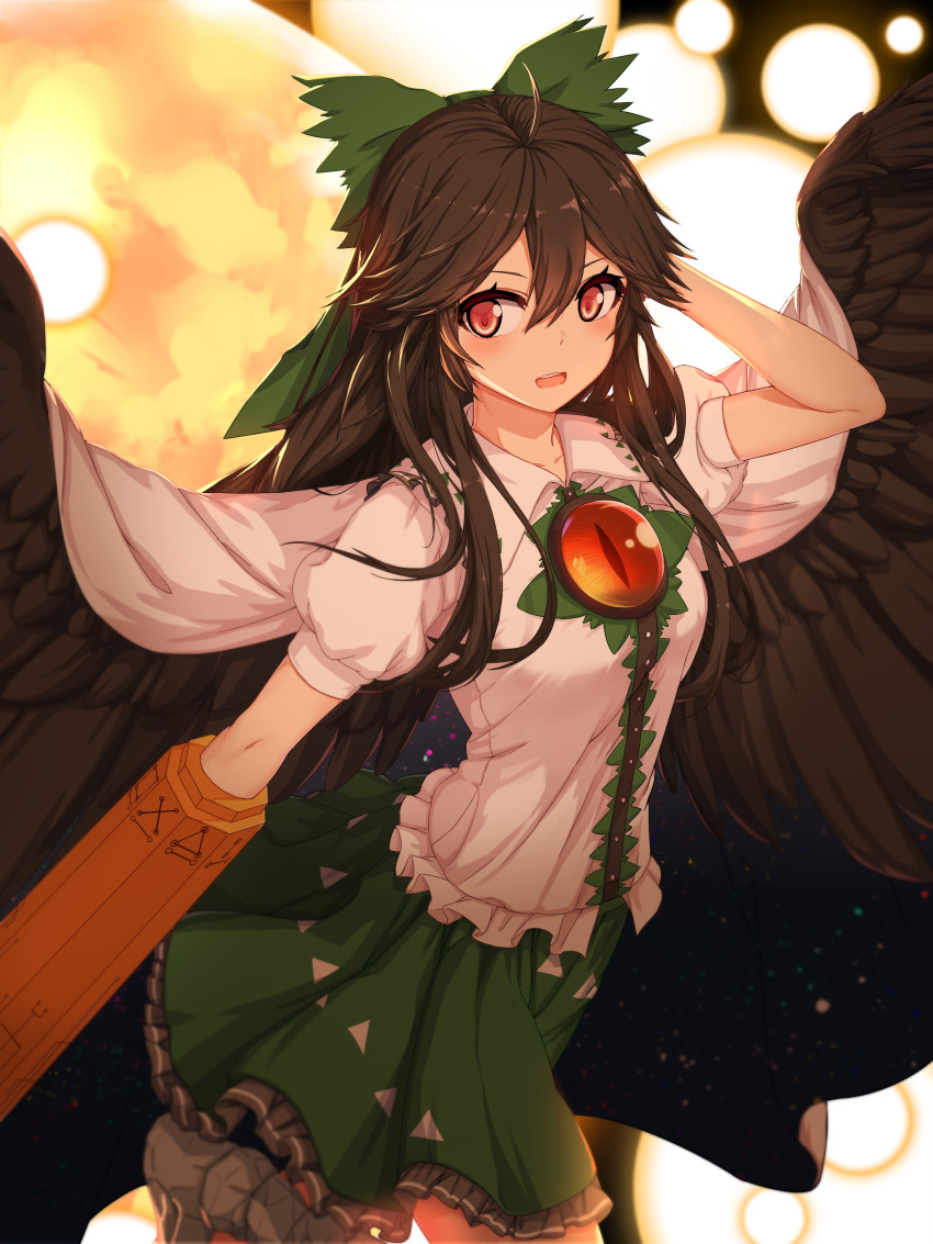 1girl absurdres ahoge arm_cannon arm_up bangs black_hair black_wings blush bow breasts cape chinese_commentary commentary_request cowboy_shot danmaku eyebrows_visible_through_hair feathered_wings green_bow green_skirt hair_between_eyes hair_bow hand_in_hair highres long_hair looking_at_viewer miniskirt open_mouth petticoat puffy_short_sleeves puffy_sleeves red_eyes reiuji_utsuho shirt short_sleeves sidelocks skirt small_breasts solo sugar_sound touhou weapon white_cape white_shirt wings