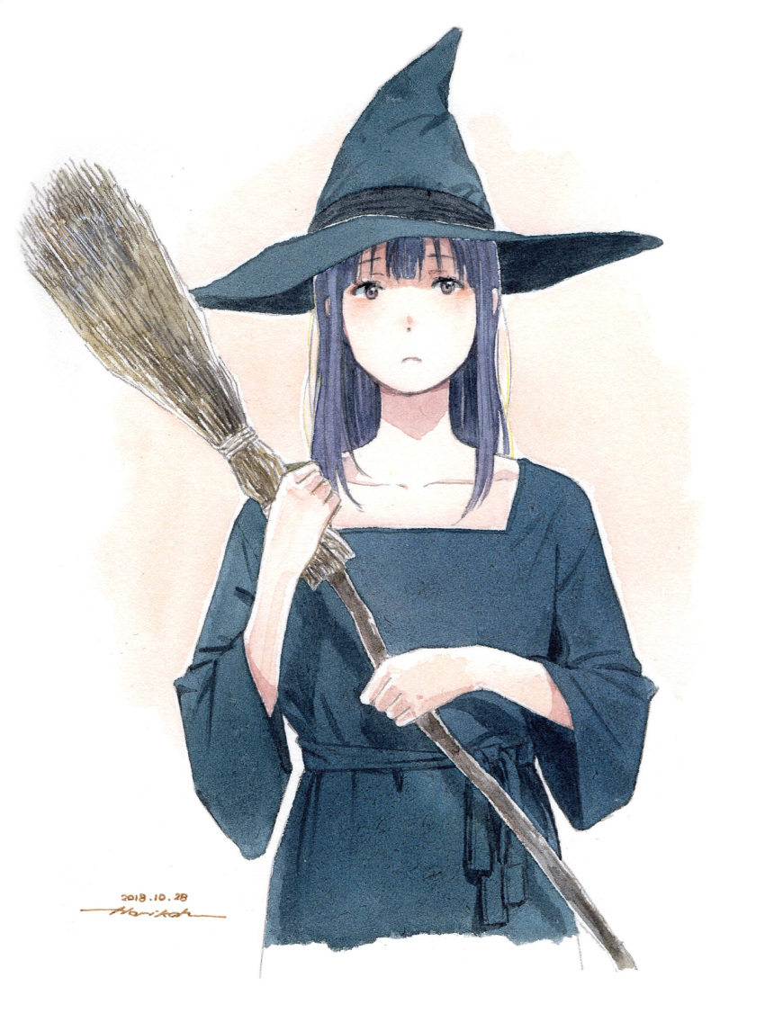 1girl blue_dress blue_headwear broom brown_eyes closed_mouth dated dress halloween hat hibike!_euphonium highres holding holding_broom horikou liz_to_aoi_tori long_sleeves looking_at_viewer medium_hair purple_hair signature solo traditional_media upper_body watercolor_(medium) wide_sleeves witch witch_hat yoroizuka_mizore