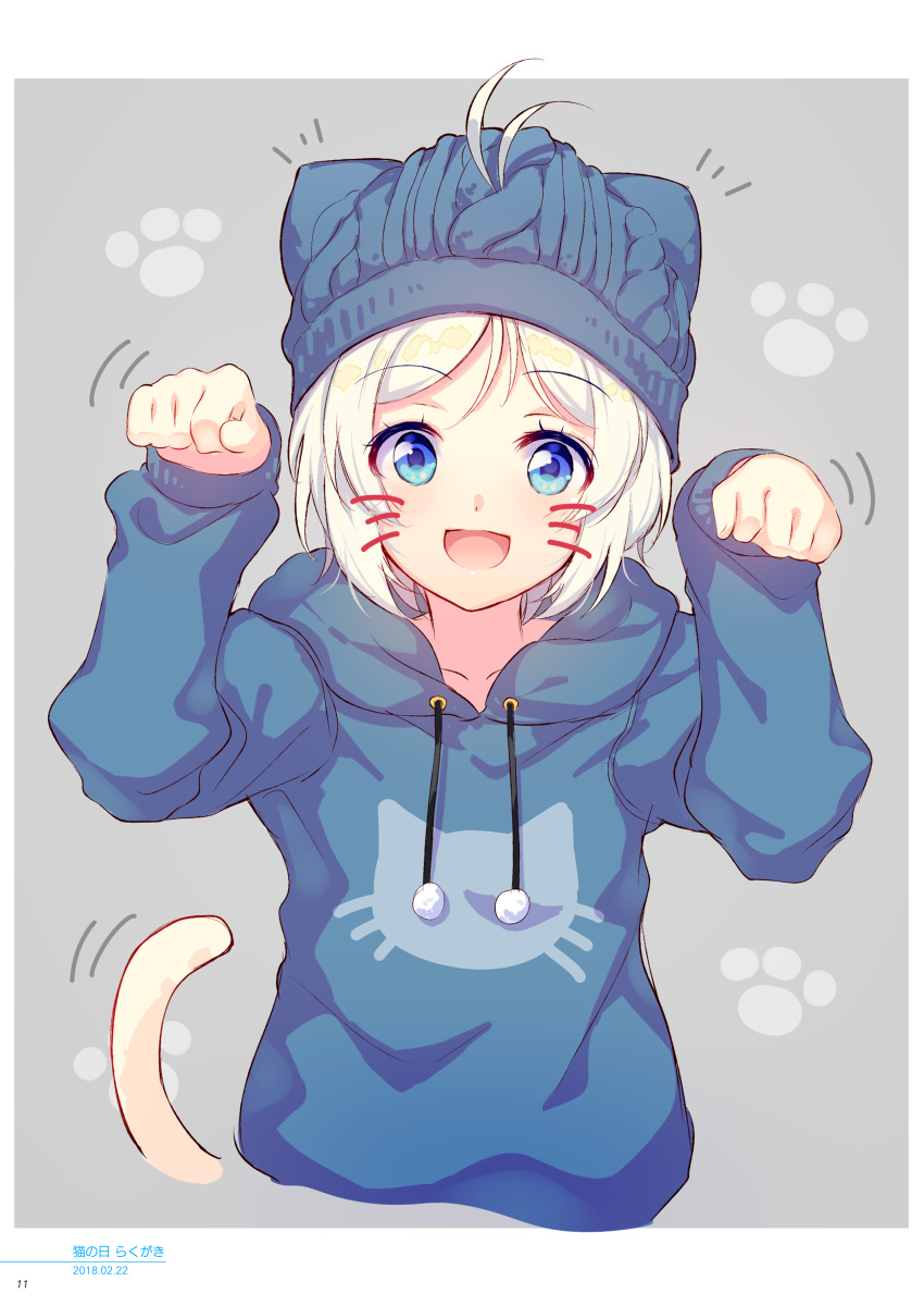 1girl absurdres bangs blue_eyes cat_tail dennou_shoujo_youtuber_siro eyebrows_visible_through_hair grey_background hands_up highres long_sleeves looking_at_viewer nijihashi_sora open_mouth page_number paw_background paw_pose short_hair simple_background siro_(dennou_shoujo_youtuber_siro) smile solo tail upper_body virtual_youtuber white_hair