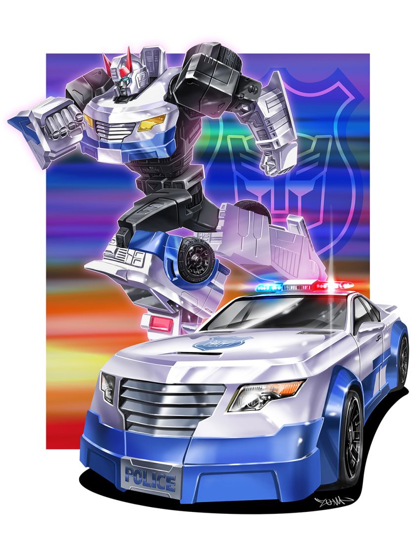 autobot blue_eyes car clenched_hands ground_vehicle highres insignia mecha motor_vehicle no_humans police police_car prowl running solo transformers yasukuni_kazumasa