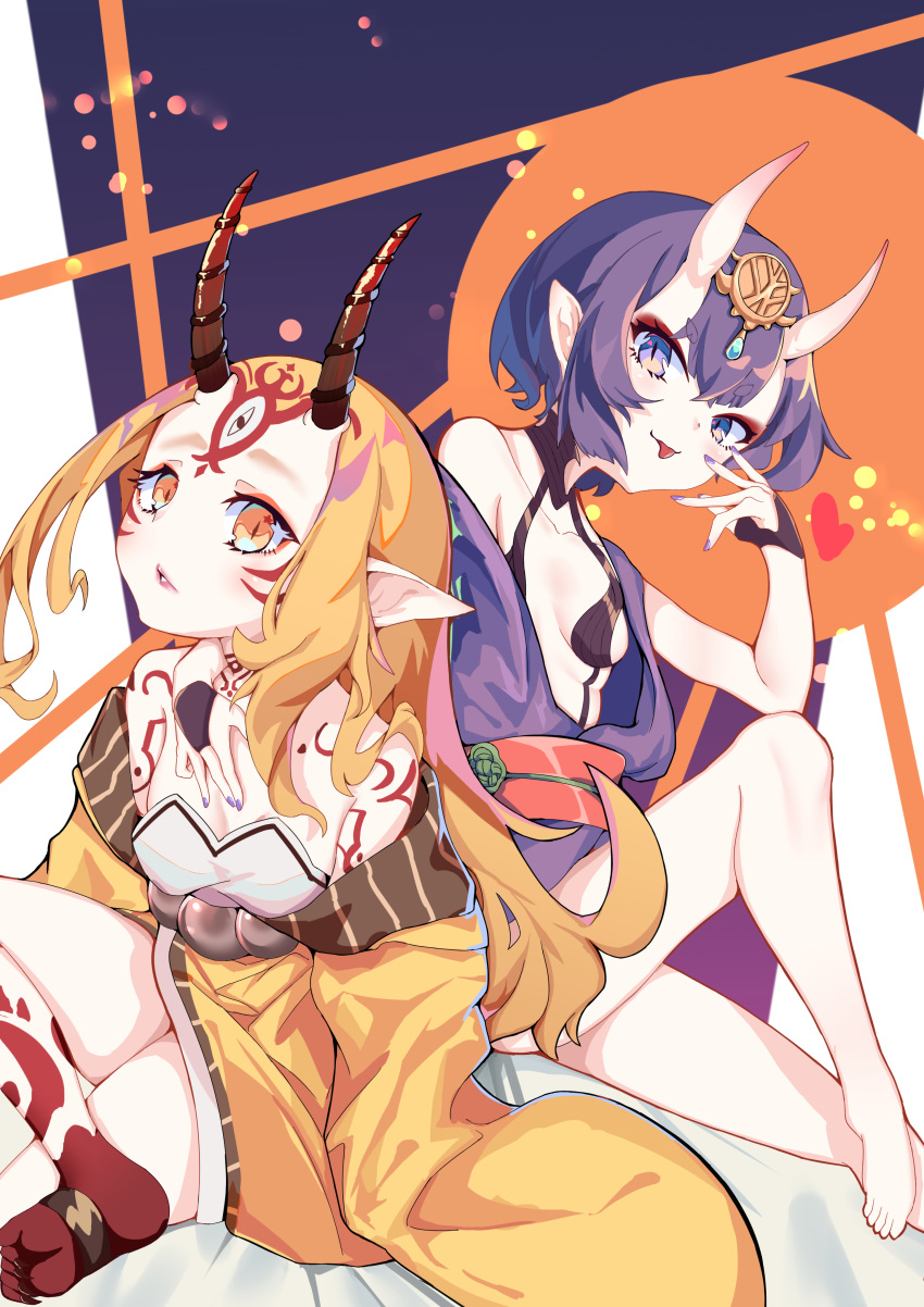 2girls absurdres artist_request bangs bare_shoulders barefoot beads blonde_hair bob_cut breasts bridal_gauntlets closed_mouth collarbone crossed_legs eyeliner facial_mark fate/grand_order fate_(series) feet forehead forehead_mark hair_pulled_back headpiece heart highres horns ibaraki_douji_(fate/grand_order) japanese_clothes kimono knee_up legs long_sleeves looking_at_viewer makeup multiple_girls obi off_shoulder oni oni_horns pointy_ears purple_hair purple_kimono revealing_clothes sash short_hair short_kimono shuten_douji_(fate/grand_order) skin-covered_horns small_breasts smile tattoo tongue tongue_out violet_eyes wide_sleeves yellow_eyes yellow_kimono