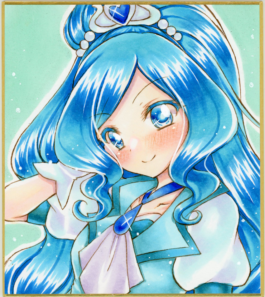 1girl adjusting_hair bangs blue_dress blue_eyes blue_hair blush collarbone commentary_request cure_fontaine dress eyebrows_visible_through_hair gloves graphite_(medium) healin'_good_precure highres long_hair looking_at_viewer marker_(medium) nekofish666 portrait precure puffy_sleeves shiny shiny_hair smile solo swept_bangs tiara traditional_media wavy_hair white_gloves