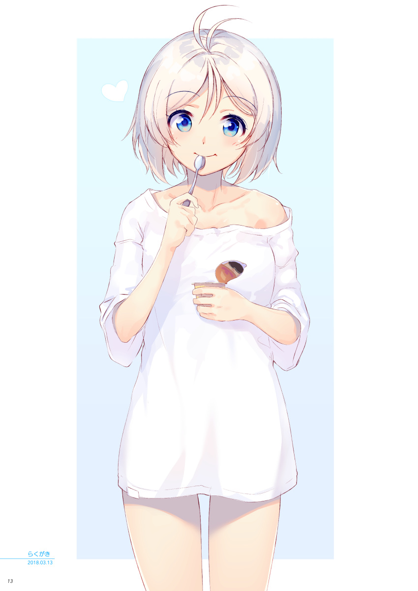 1girl absurdres ahoge bangs blue_eyes dennou_shoujo_youtuber_siro eyebrows_visible_through_hair food highres holding looking_at_viewer nijihashi_sora page_number pudding shirt short_hair short_sleeves simple_background siro_(dennou_shoujo_youtuber_siro) solo spoon spoon_in_mouth t-shirt virtual_youtuber white_hair