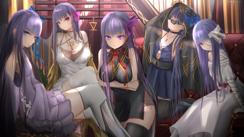 5girls bandages bb_(fate)_(all) bb_(fate/extra_ccc) blue_eyes breasts dress earrings fate/extra fate/extra_ccc fate/grand_order fate_(series) hair_ribbon highres jewelry kayjae kingprotea meltryllis meltryllis_(swimsuit_lancer)_(fate) multiple_girls one_eye_covered passionlip purple_hair ribbon sitting sunglasses thigh-highs violet_eyes