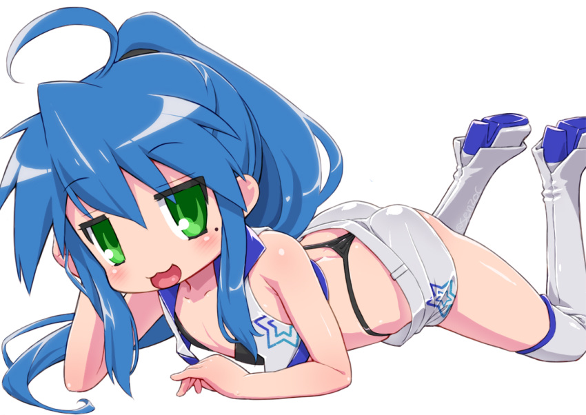 1girl ahoge alternate_costume alternate_hairstyle blue_hair blush boots commentary_request eyebrows_visible_through_hair flat_chest green_eyes grey_footwear grey_legwear izumi_konata long_hair lucky_star lying mole mole_under_eye on_stomach open_mouth ponytail senzoc simple_background smile solo thigh-highs thigh_boots white_background