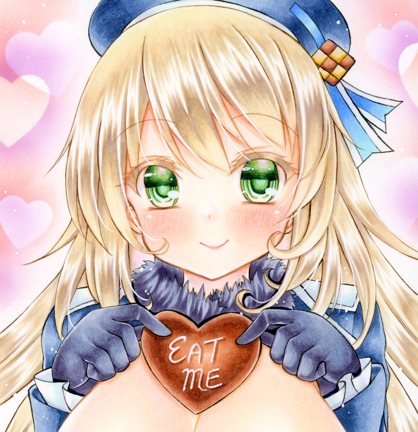 1girl atago_(kantai_collection) bangs beret black_gloves blonde_hair blue_jacket blush breasts commentary_request eyebrows_visible_through_hair gloves graphite_(medium) green_eyes hair_between_eyes hat heart heart_background highres holding jacket kantai_collection large_breasts long_hair looking_at_viewer marker_(medium) nekofish666 open_clothes open_jacket portrait shiny shiny_hair sidelocks smile solo swept_bangs traditional_media