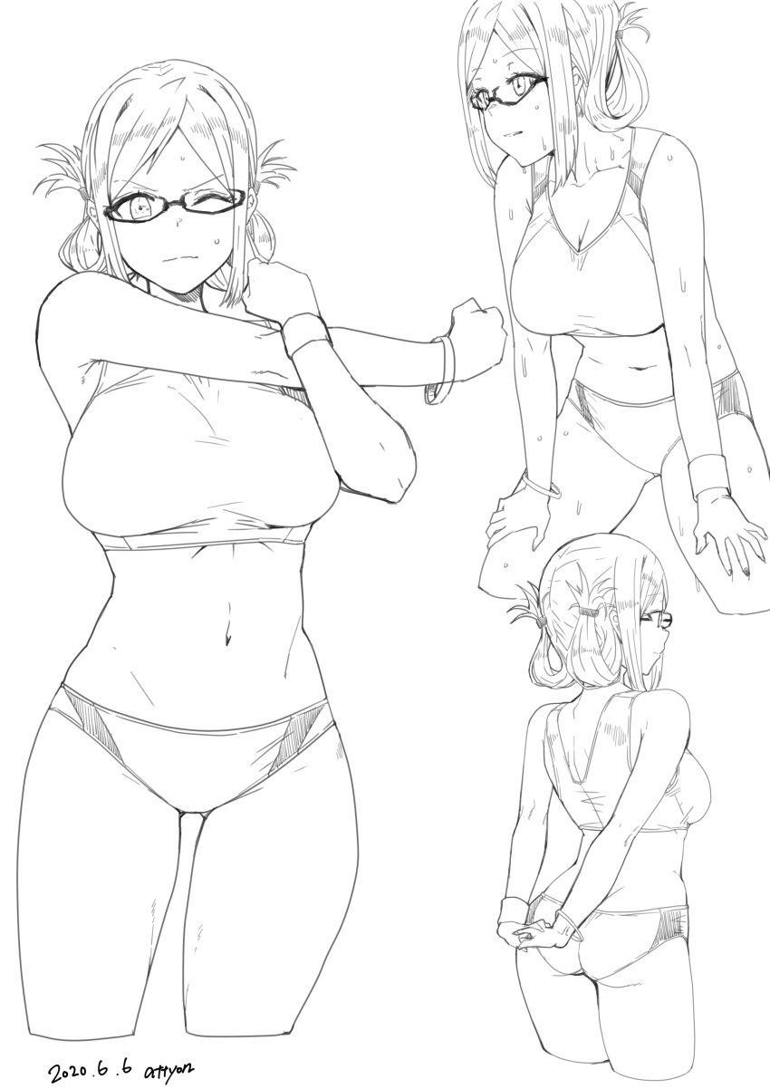 1girl absurdres artist_name ass commentary_request cowboy_shot cropped_legs dated folded_ponytail from_behind glasses highres kantai_collection katori_(kantai_collection) killing-inthe-name lineart long_hair looking_at_viewer midriff monochrome multiple_views sports_bikini stretch