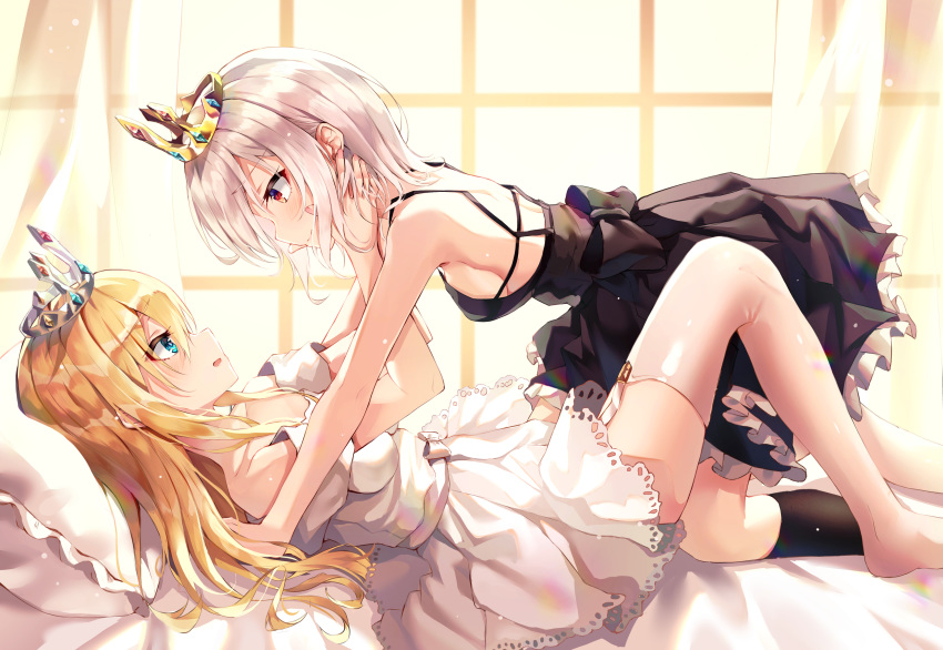 2girls absurdres all_fours backlighting bangs bed_sheet black_dress black_legwear blonde_hair blue_eyes blush breasts closed_mouth commentary crown curtains day dress eye_contact eyebrows_visible_through_hair frilled_dress frills from_side garter_straps hands_on_another's_cheeks hands_on_another's_face highres indoors kerno knee_up kneehighs long_hair looking_at_another lying multiple_girls off-shoulder_dress off_shoulder on_back on_bed original parted_lips pillow princess profile red_eyes short_hair sideboob silver_hair sleeveless sleeveless_dress small_breasts smile thigh-highs white_dress white_legwear window yuri