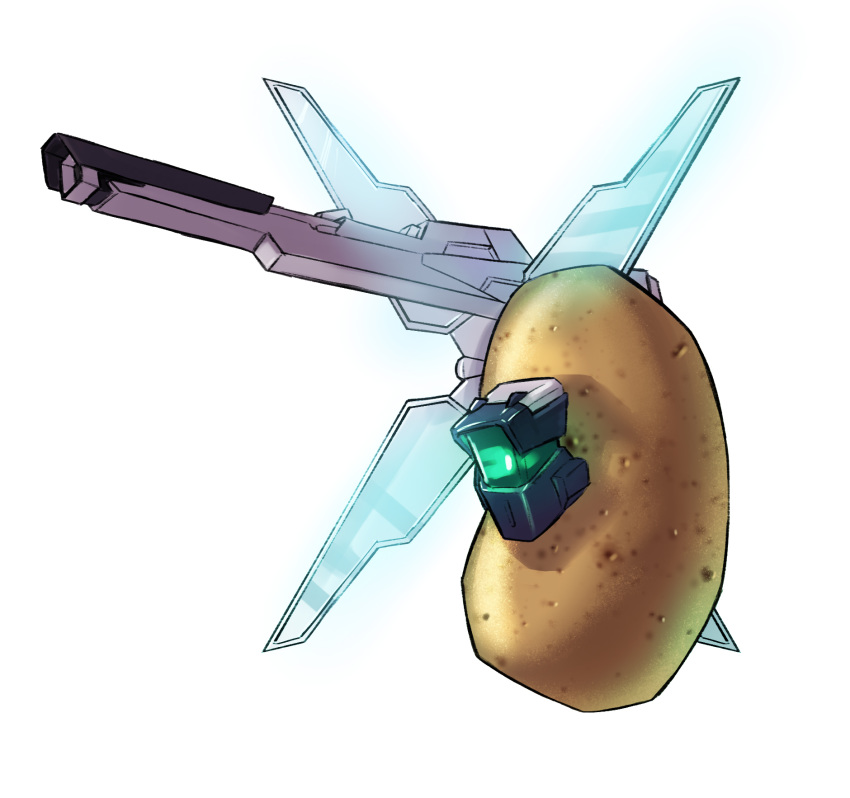 after_war_gundam_x cosmikaizer food gun gundam gundam_x highres hololive inugami_korone mechanical_wings no_humans parody potato satellite_cannon shoulder_cannon weapon what white_background wings