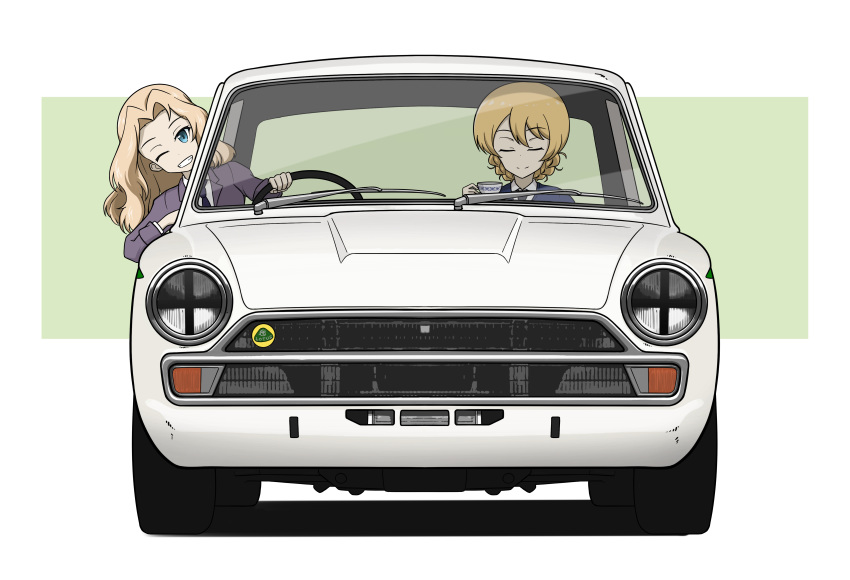 absurdres bangs black_neckwear blazer blonde_hair blue_eyes blue_sweater braid car closed_eyes commentary cup darjeeling_(girls_und_panzer) dress_shirt driving girls_und_panzer grey_jacket grin ground_vehicle hair_intakes highres holding holding_cup jacket kano_(nakanotakahiro1029) kay_(girls_und_panzer) leaning_to_the_side logo long_hair long_sleeves lotus_cortina motor_vehicle necktie saunders_school_uniform school_uniform shadow shirt short_hair smile st._gloriana's_school_uniform sweater teacup tied_hair twin_braids white_shirt wing_collar