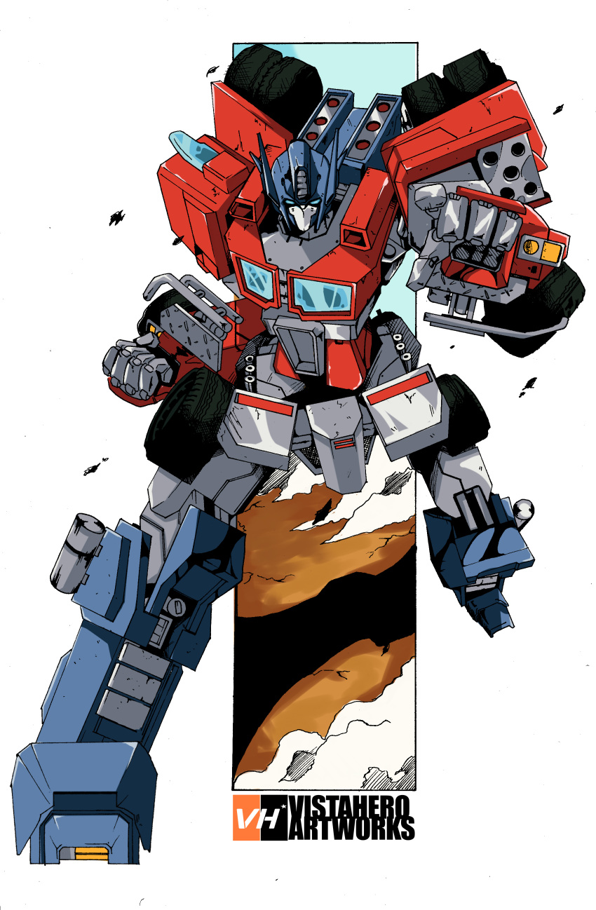 absurdres autobot blue_eyes clenched_hand english_commentary highres mecha missile_pod no_humans optimus_prime pointing pointing_at_viewer redesign robot solo transformers vistahero watermark