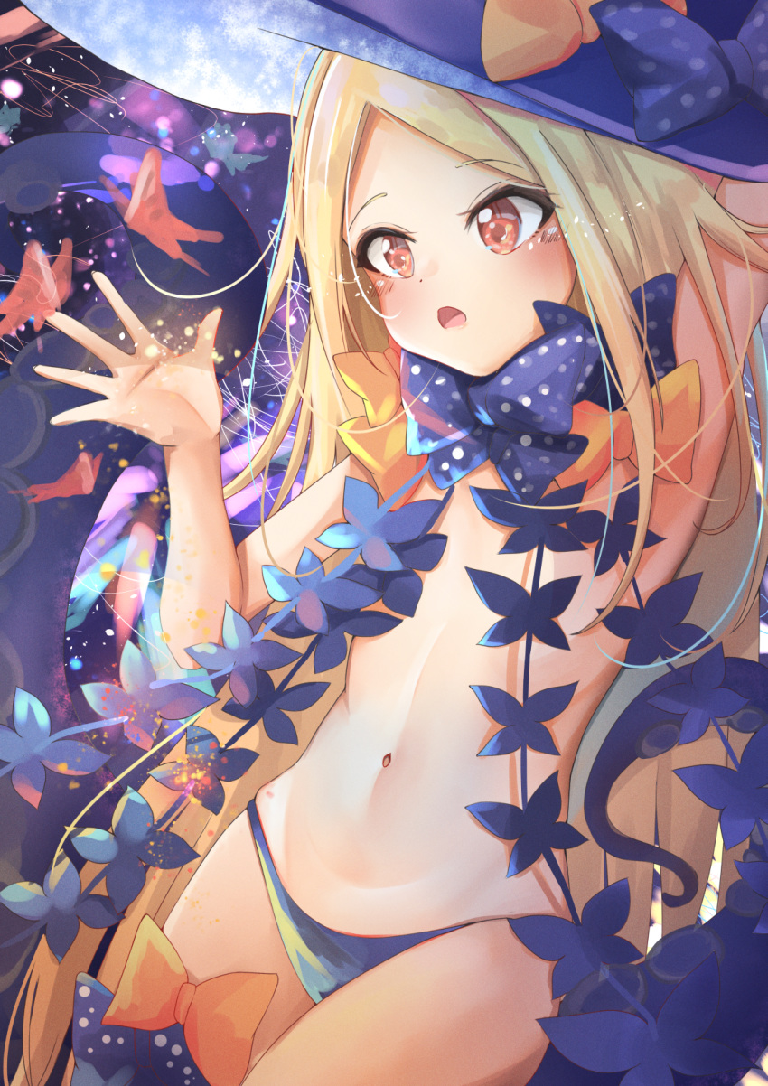1girl abigail_williams_(fate/grand_order) arm_behind_head arm_up armpits bangs bare_shoulders black_bow black_headwear black_panties blonde_hair bow breasts bug butterfly fate/grand_order fate_(series) forehead hat highres insect keyhole long_hair minertime multiple_bows navel open_mouth orange_bow panties parted_bangs red_eyes small_breasts tentacles thighs third_eye underwear witch_hat