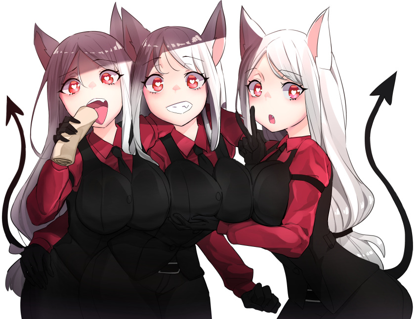3girls absurdres animal_ears arm_around_shoulder arm_strap belt black_belt black_gloves black_neckwear black_pants black_vest breast_lift breasts cerberus_(helltaker) collared_shirt demon_girl demon_tail dog_ears dog_girl dress_shirt error eyebrows_visible_through_hair fang food gloves grin hand_on_another's_hip heart heart-shaped_pupils helltaker highres large_breasts long_hair long_sleeves looking_at_viewer low-tied_long_hair minggoo multiple_girls necktie open_mouth pancake pants red_eyes red_shirt shirt simple_background smile symbol-shaped_pupils tail tongue tongue_out triplets v very_long_hair vest white_background white_hair