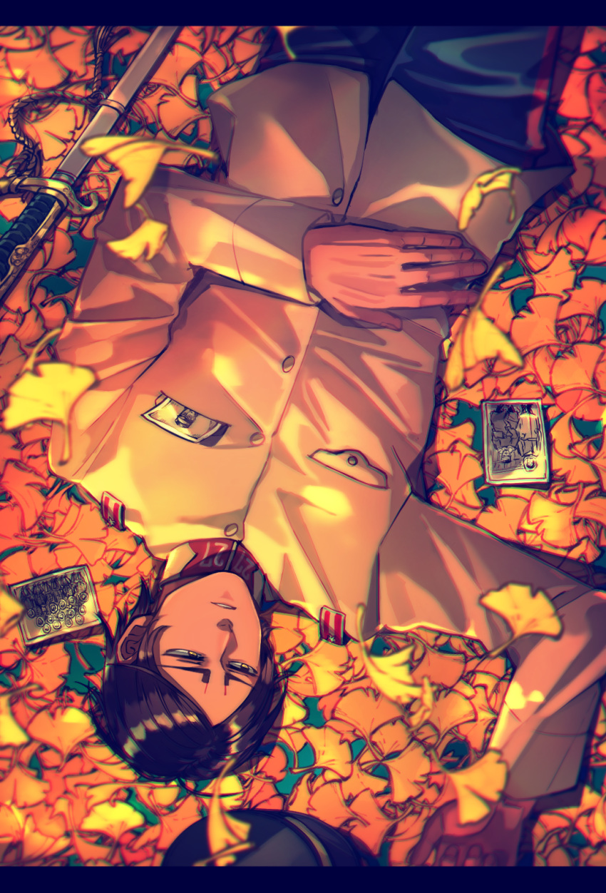 1boy araiguma_(gomipanda123) arm_up autumn autumn_leaves bangs black_pants brown_jacket buttons chromatic_aberration collar collared_jacket commentary_request eyebrows from_above golden_kamuy headwear_removed highres jacket koito_otonoshin leaf long_sleeves looking_away lying male_focus military military_uniform on_back pants parted_bangs photo_(object) pocket sword uniform upper_body weapon yellow_eyes