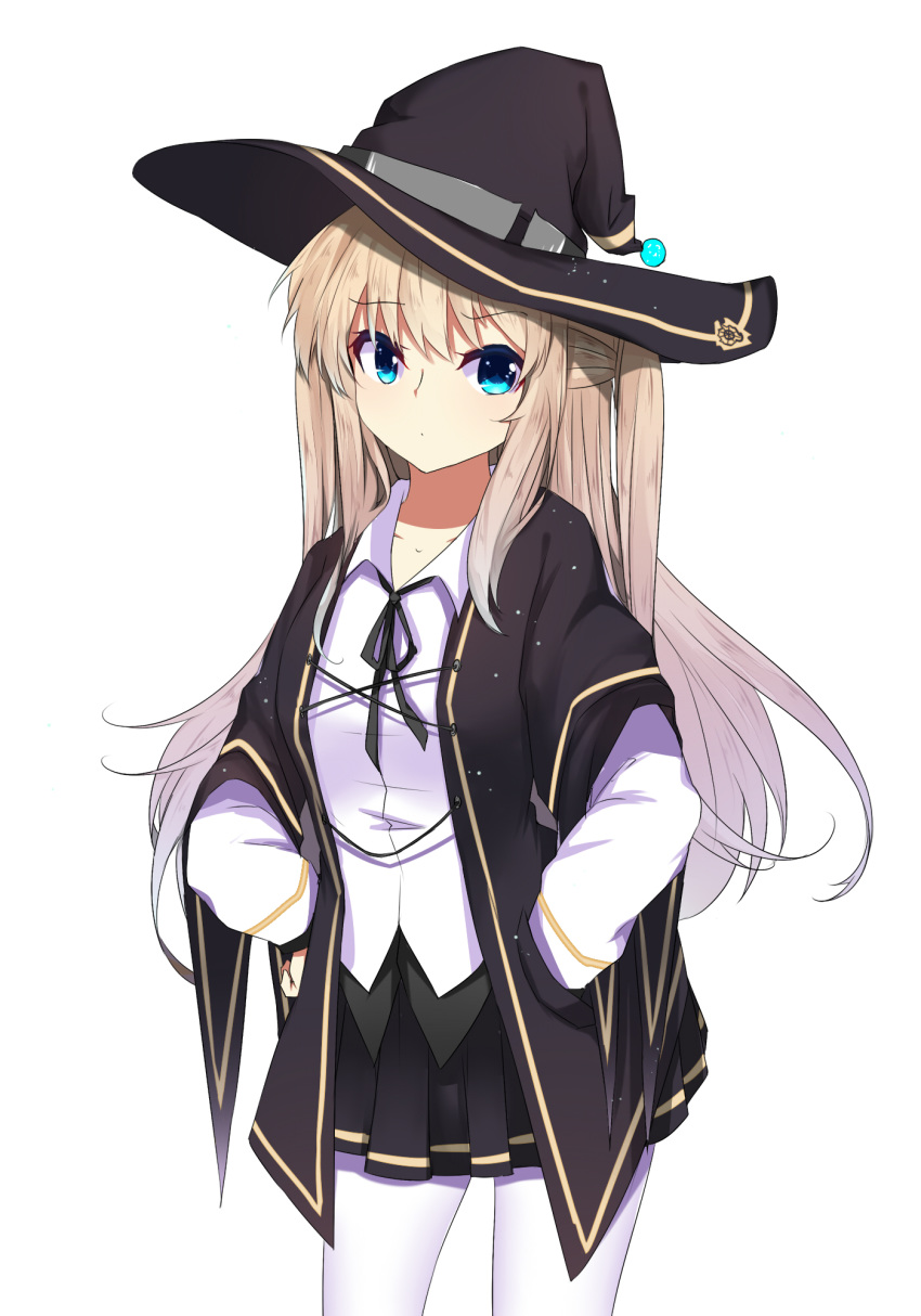 1girl bangs black_coat black_headwear black_skirt blonde_hair blue_eyes coat cowboy_shot hands_on_hips hat highres long_hair long_sleeves looking_at_viewer original pantyhose pleated_skirt shirt sidelocks simple_background skirt sleeve_cuffs solo symbol_commentary two_side_up white_background white_legwear white_shirt witch_hat zzb