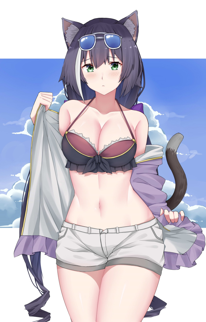1girl animal_ear_fluff animal_ears arind_yudha bikini bikini_top black_bikini blue_sky blush breasts cat_ears closed_mouth clouds collarbone commentary_request day eyewear_on_head green_eyes highres karyl_(princess_connect!) long_hair looking_at_viewer low_twintails medium_breasts navel princess_connect! princess_connect!_re:dive shorts sky solo sunglasses swimsuit twintails white_shorts